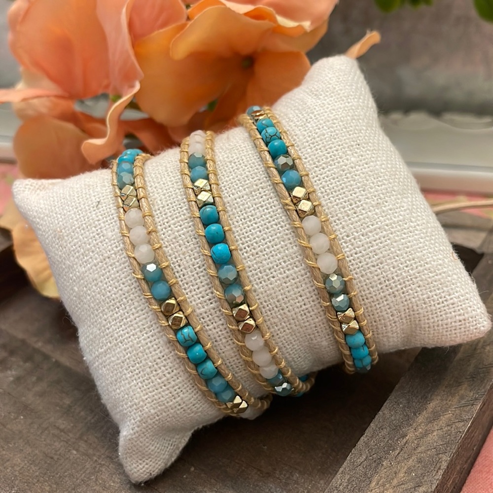JBloom Teal, White, Gold Beaded wrap
